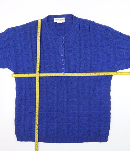 Principles Women's Blue Cotton Henley Jumper L Cable Knit Classic