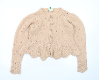 FARM Women Beige Wool Blend Puff Sleeve Knit Cardigan 2XS