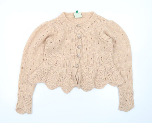 FARM Women Beige Wool Blend Puff Sleeve Knit Cardigan 2XS