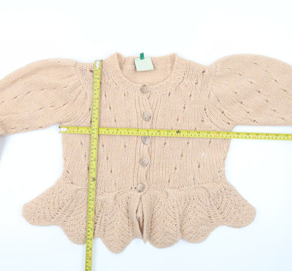 FARM Women Beige Wool Blend Puff Sleeve Knit Cardigan 2XS