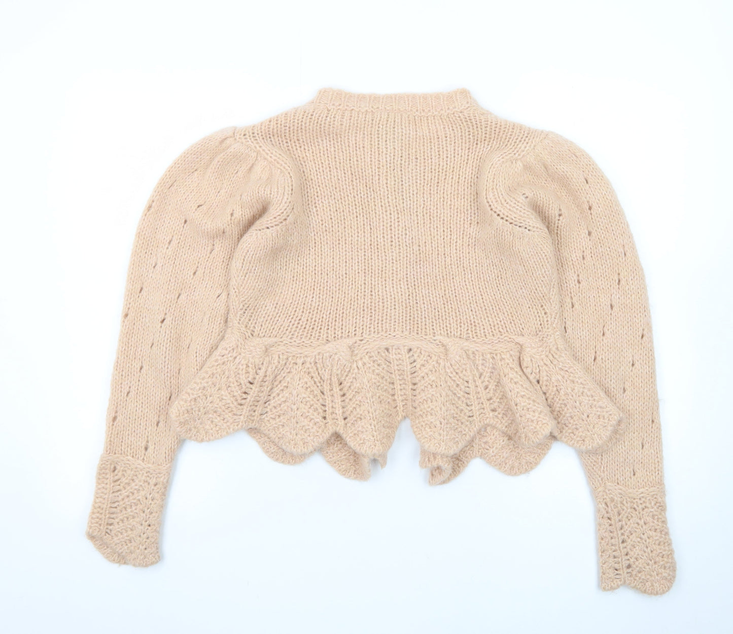 FARM Women Beige Wool Blend Puff Sleeve Knit Cardigan 2XS