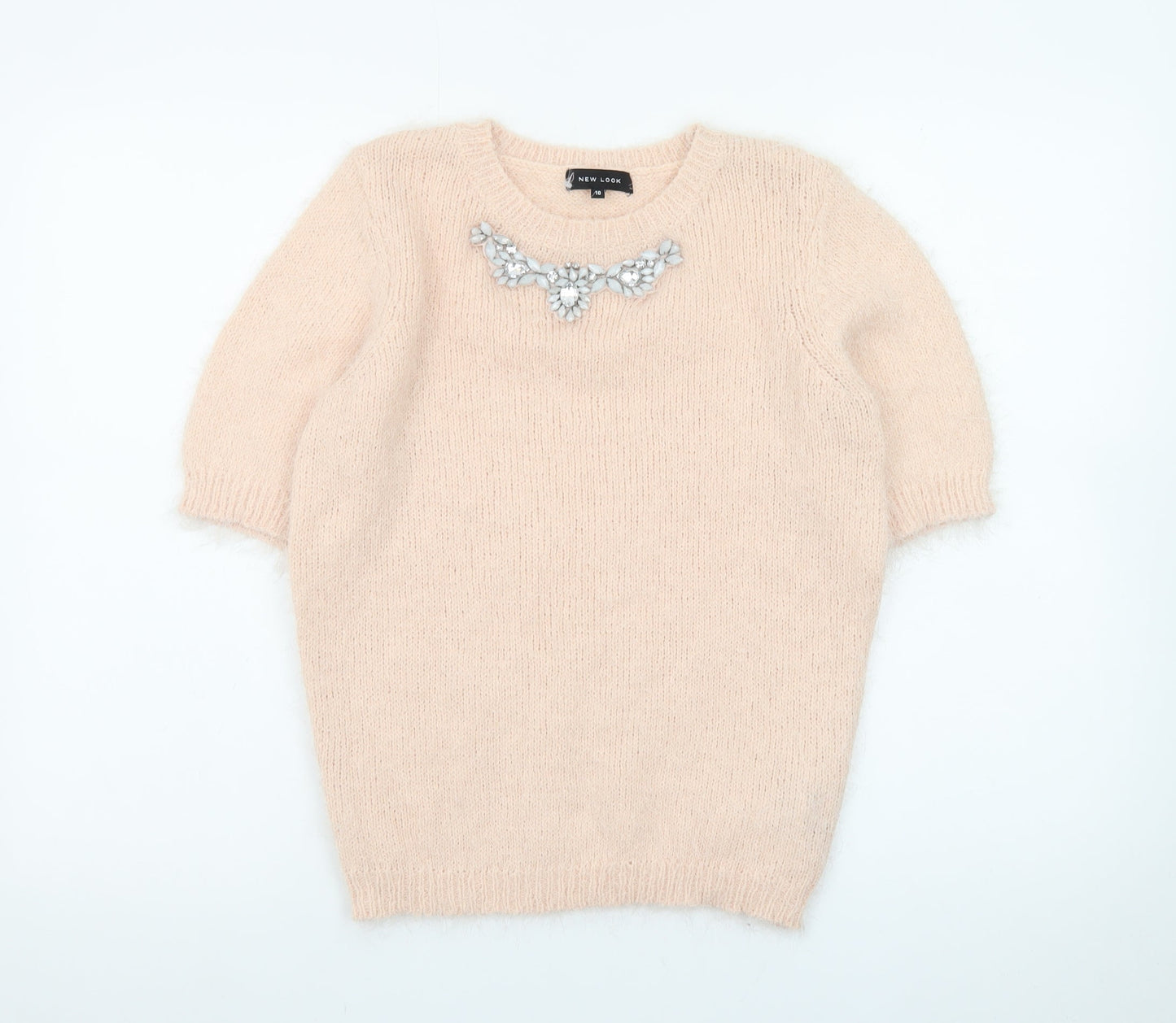 New Look Women Beige Short Sleeve Pullover Jumper Size 10 Embellished Crew Neck