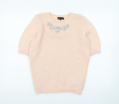New Look Women Beige Short Sleeve Pullover Jumper Size 10 Embellished Crew Neck