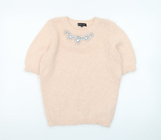 New Look Women Beige Short Sleeve Pullover Jumper Size 10 Embellished Crew Neck