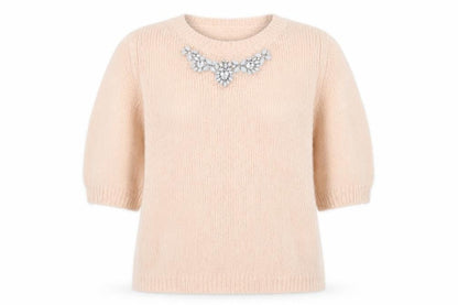 New Look Women Beige Short Sleeve Pullover Jumper Size 10 Embellished Crew Neck