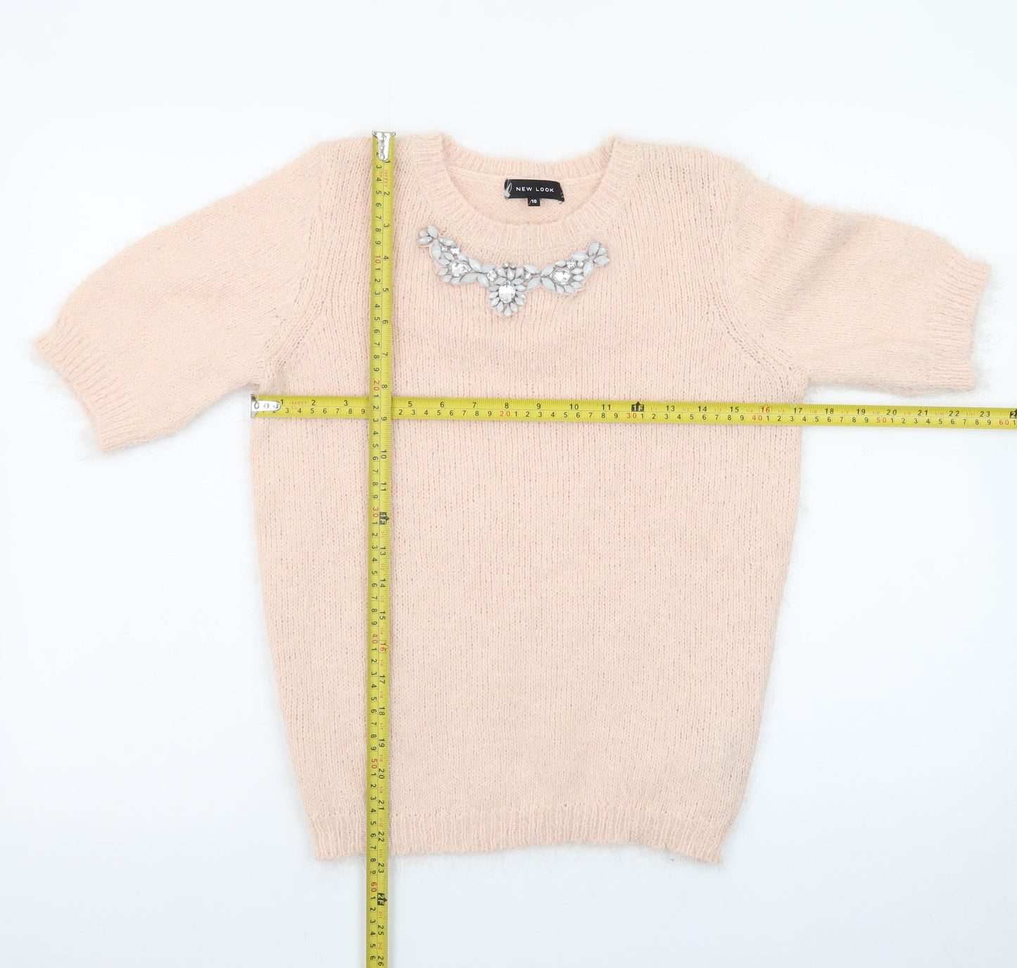 New Look Women Beige Short Sleeve Pullover Jumper Size 10 Embellished Crew Neck