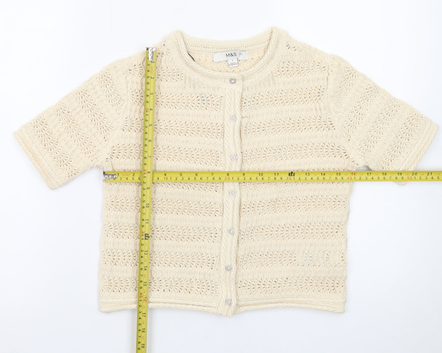 Marks and Spencer Women Ivory Crochet Short Sleeve Cardigan Size S