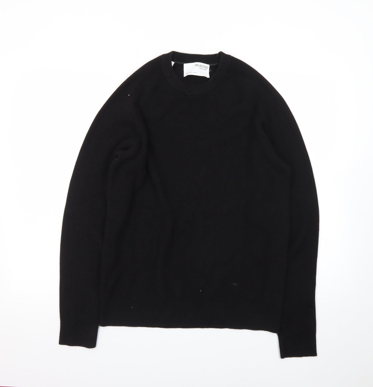 Selected Homme Men's Black Cotton Crew Neck Pullover Jumper Size M