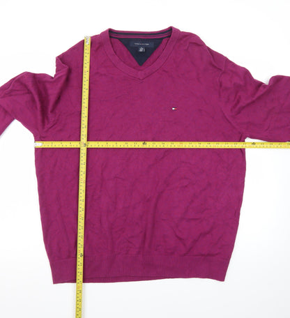 Tommy Hilfiger Men's Purple V-Neck Cotton Knit Jumper XL