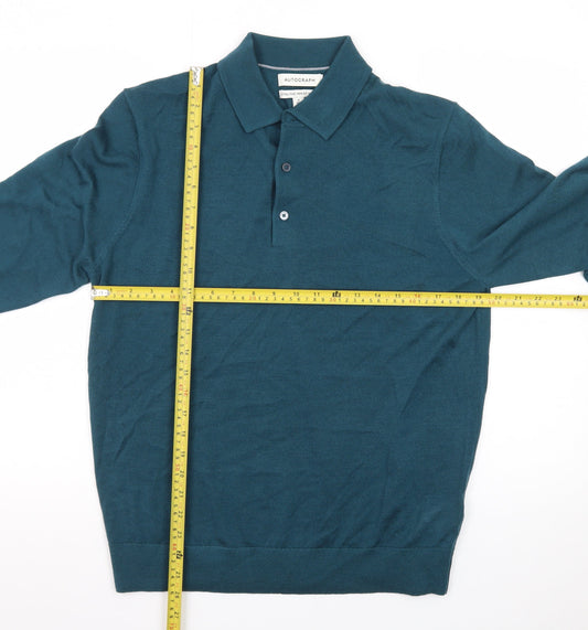 Marks and Spencer Men’s Green Merino Wool Collared Henley Jumper M