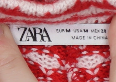 Zara Women Red White Knit Flared Trousers M Retro Heart Print