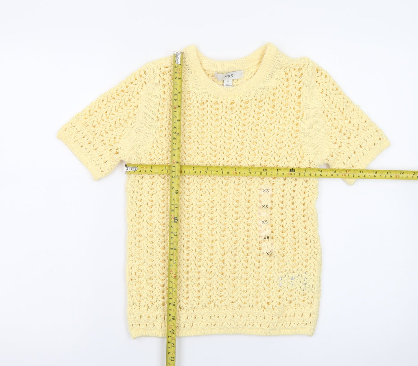 Marks and Spencer Women Yellow Open-Knit Cotton Short Sleeve Jumper XS