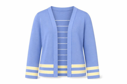 Front view of Honor Millburn women’s blue striped knit cardigan, size S, 10-12