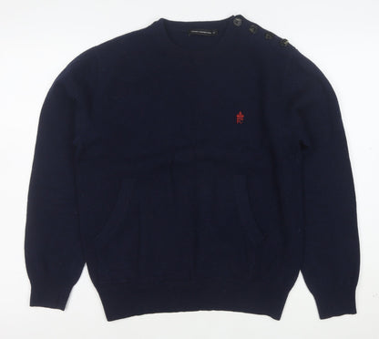 French Connection Women's Blue Wool Crew Neck Button Jumper M
