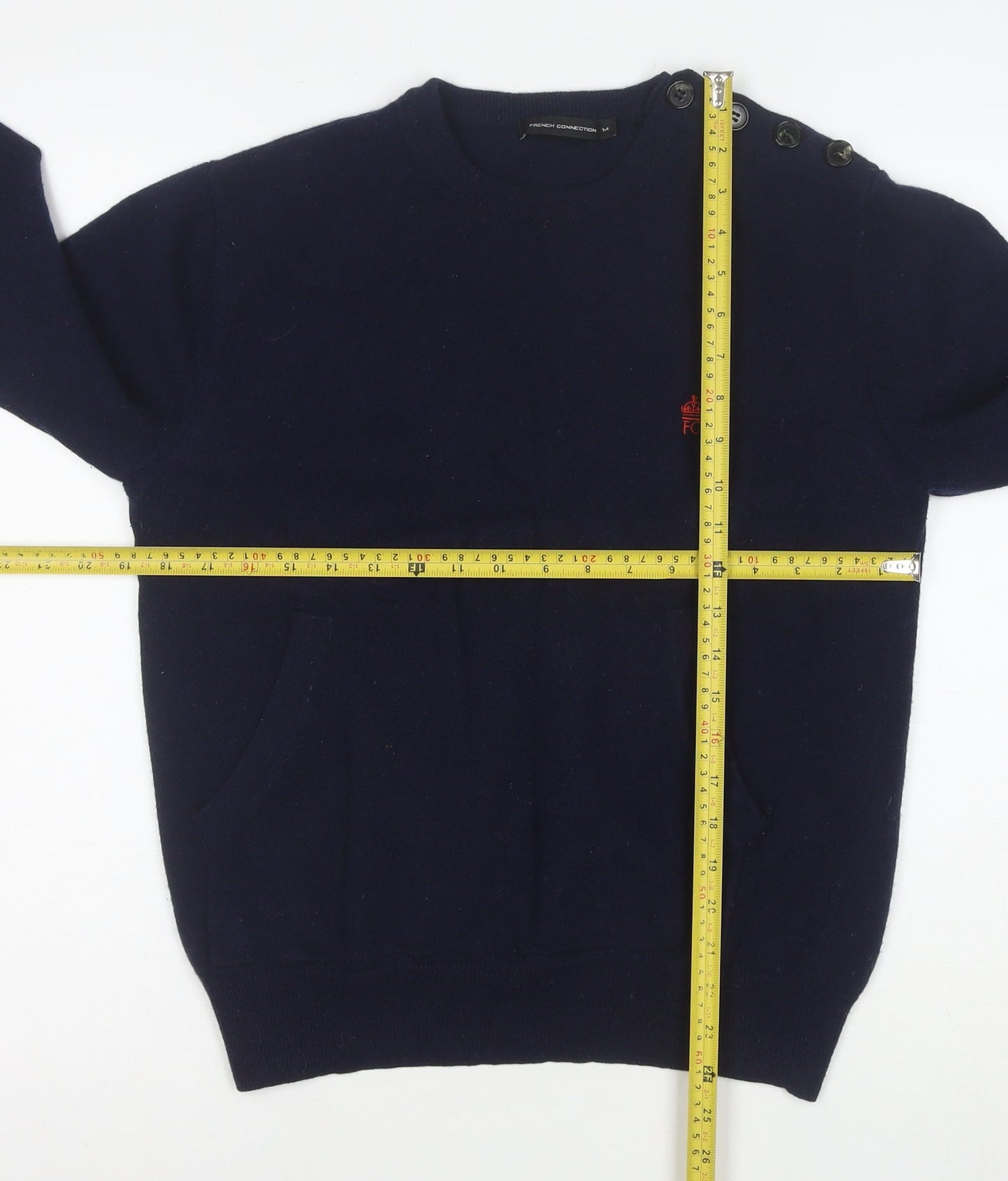 French Connection Women's Blue Wool Crew Neck Button Jumper M