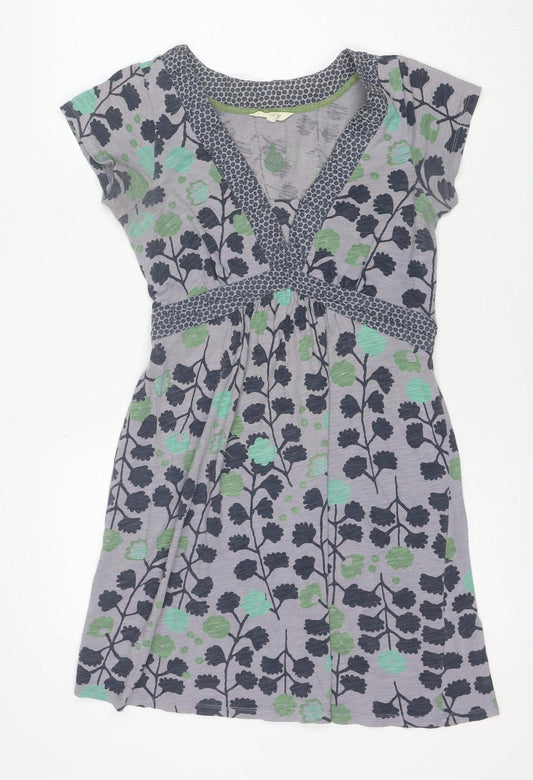 White Stuff Women's Grey Floral Cotton Fit & Flare Dress Size 8