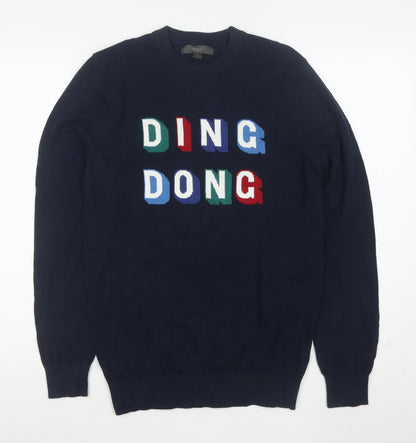 Marks and Spencer Men's Blue XS Graphic Cotton Pullover Jumper
