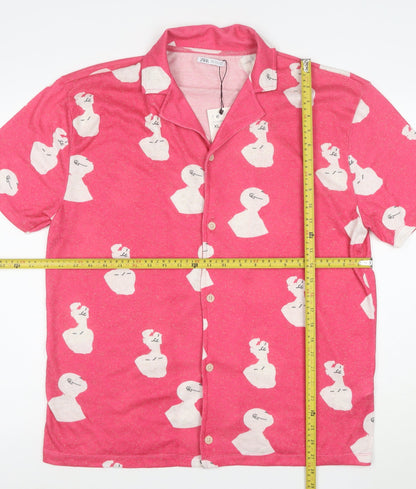 Zara Women Pink Art Print Collared Short Sleeve Nightshirt XL