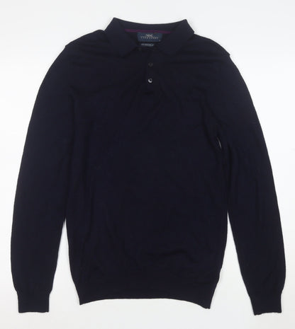 Next Men's Blue Merino Wool Collared Henley Jumper Medium