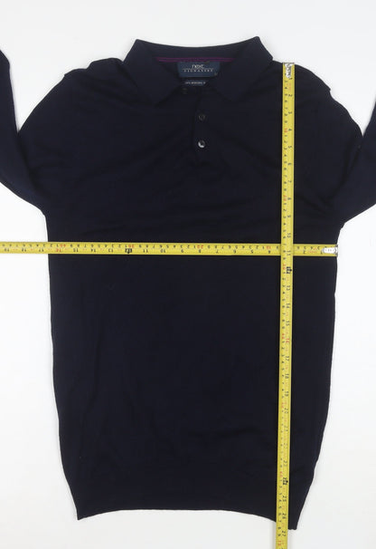 Next Men's Blue Merino Wool Collared Henley Jumper Medium