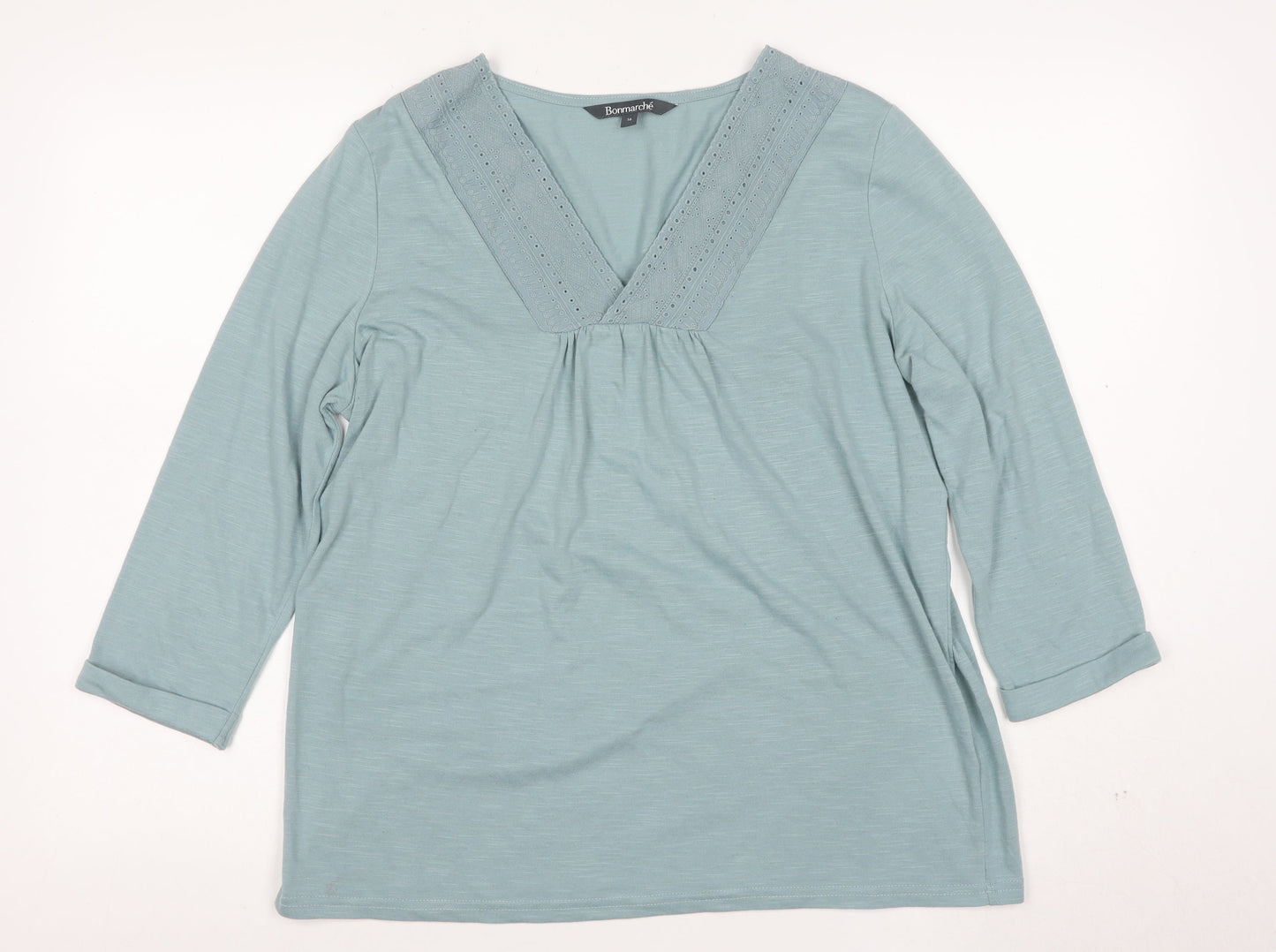 Bonmarché Women Blue Lace Trim V-Neck 3/4 Sleeve Tunic Blouse Size 16