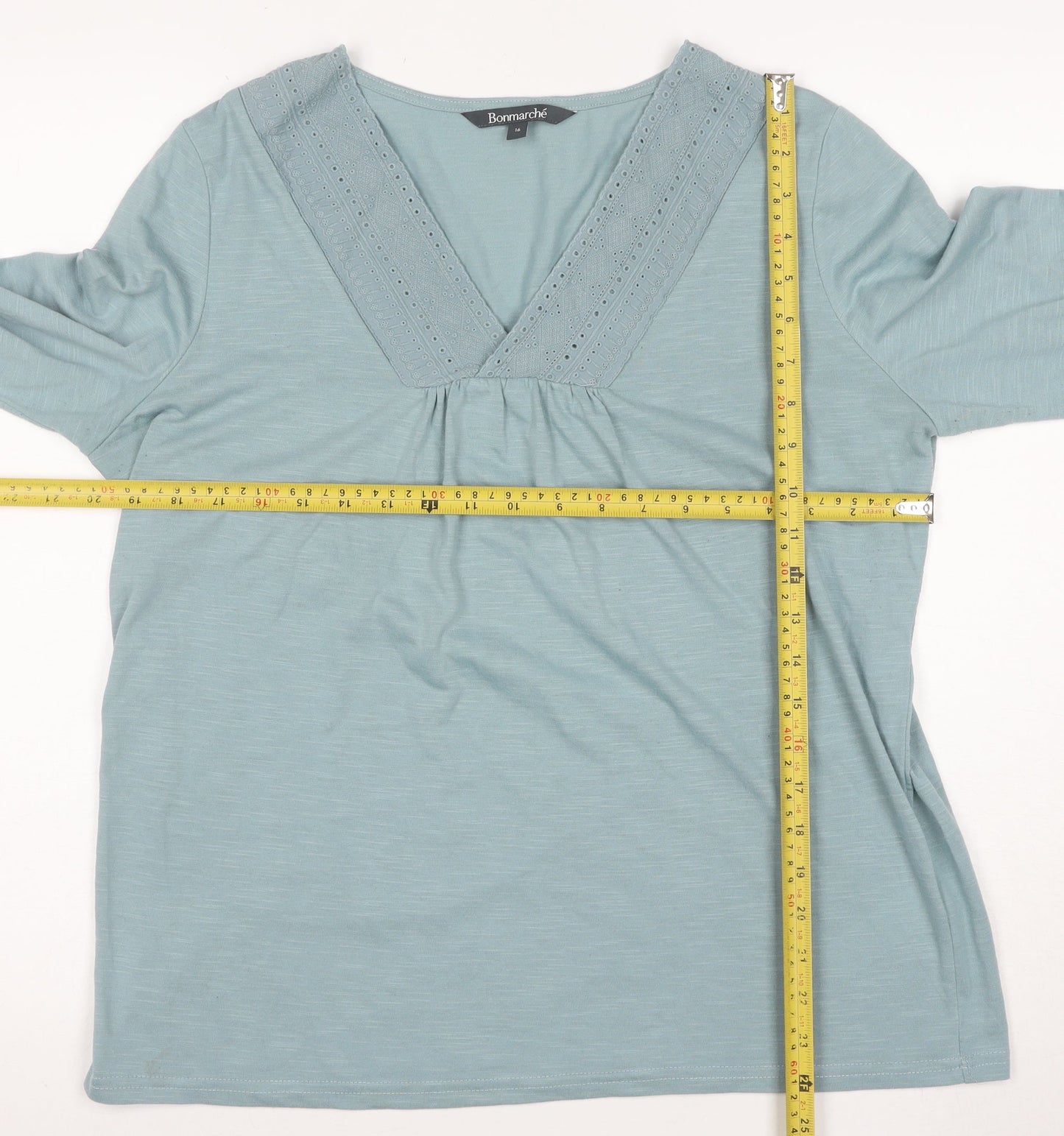 Bonmarché Women Blue Lace Trim V-Neck 3/4 Sleeve Tunic Blouse Size 16