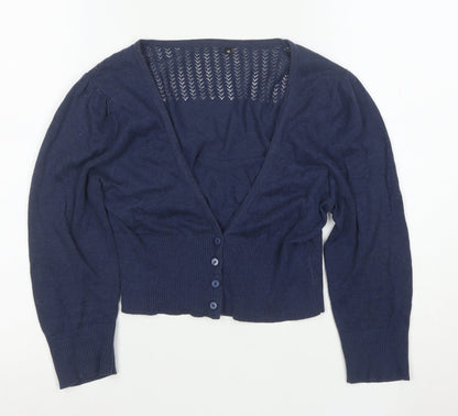 Initial Women's Blue Cropped Knit Button-Up Cardigan M