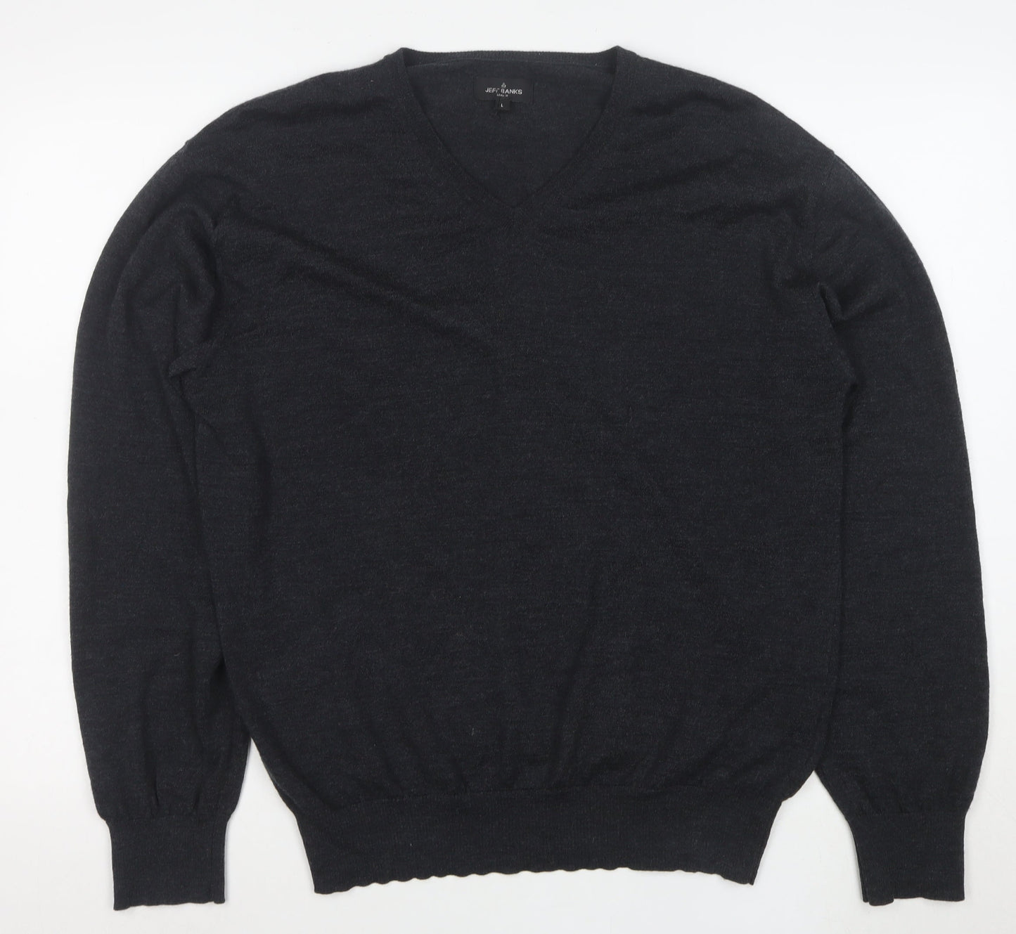 Jeff Banks Men's Grey Merino Wool V-Neck Jumper Large