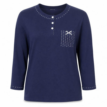 TamarT Women's Blue Cotton Long Sleeve Henley T-Shirt M