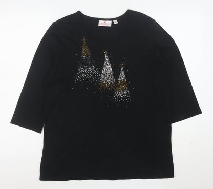 Quacker Factory Women's Black Rhinestone Christmas 3/4 Sleeve Cotton T-Shirt M