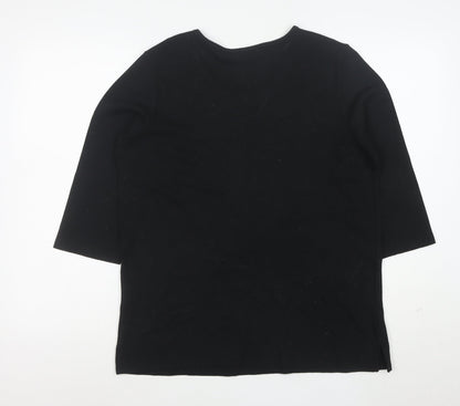 Quacker Factory Women's Black Rhinestone Christmas 3/4 Sleeve Cotton T-Shirt M