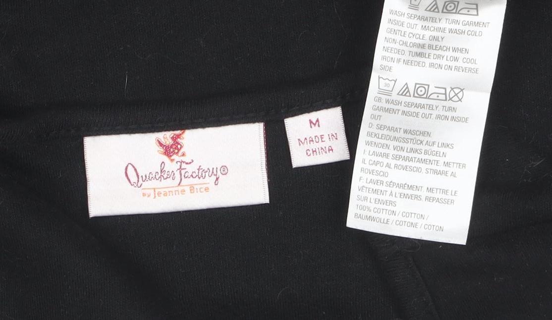 Quacker Factory Women's Black Rhinestone Christmas 3/4 Sleeve Cotton T-Shirt M