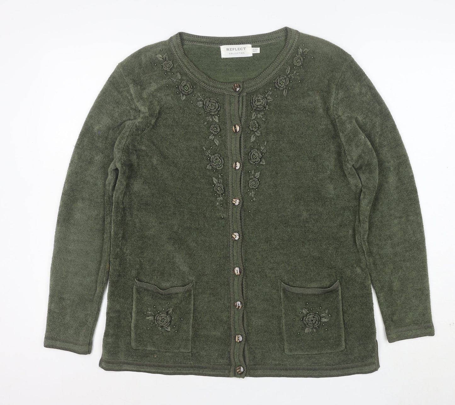 Reflect Collection Women’s Green Beaded Floral Knit Cardigan Size M