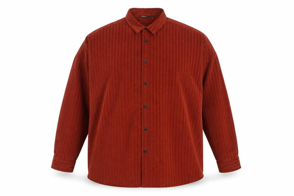 Front view of ASOS Men’s Brown Corduroy Striped Button-Up Shirt 2XL Relaxed Fit