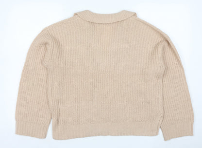 Brave Soul Women Beige Collared Chunky Knit Pullover Jumper Size 14