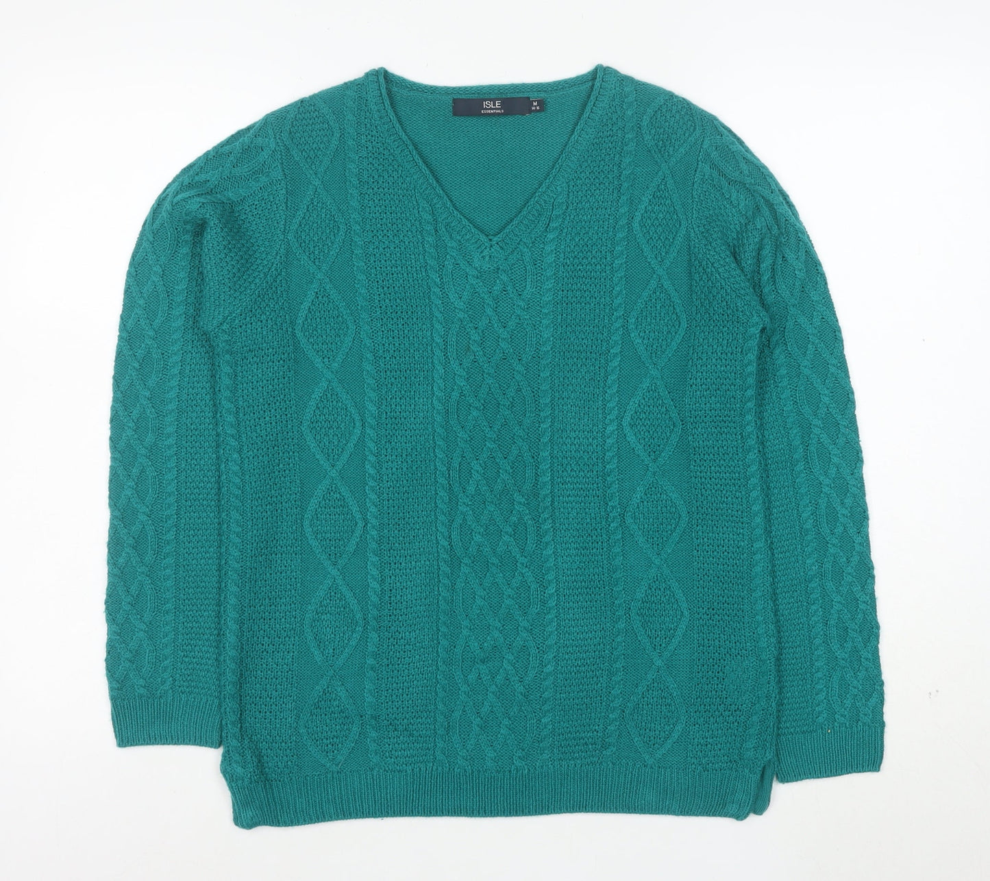 ISLE Essentials Women's Green V-Neck Cable-Knit Acrylic Jumper M