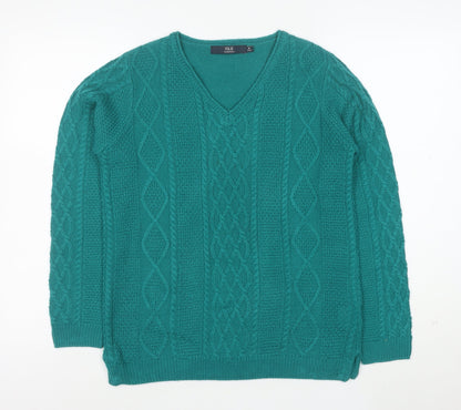 ISLE Essentials Women's Green V-Neck Cable-Knit Acrylic Jumper M