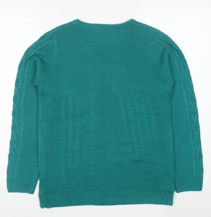 ISLE Essentials Women's Green V-Neck Cable-Knit Acrylic Jumper M