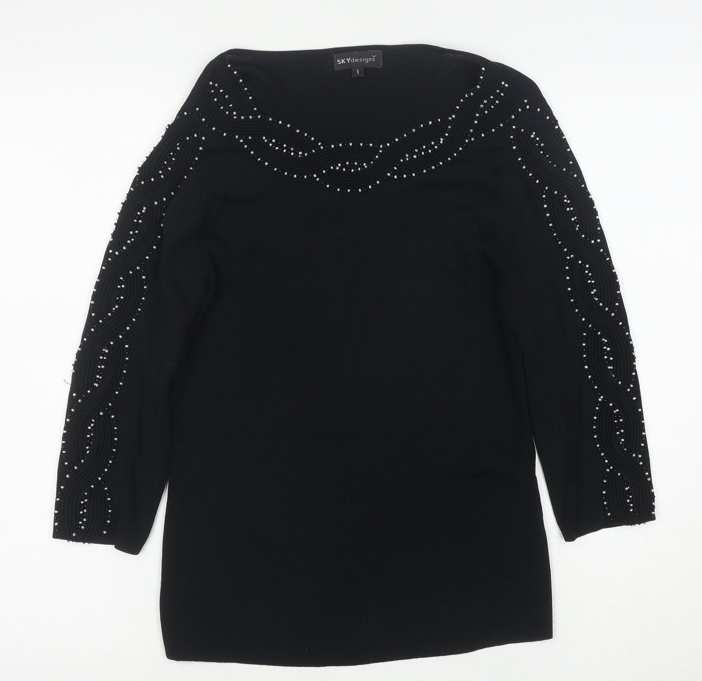 Sky Designs Women's Black Beaded Long Sleeve Tunic Blouse Size L
