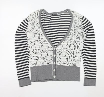 Linea Women’s Black White Striped V-Neck Button Cardigan M Cotton