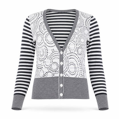 Linea Women’s Black White Striped V-Neck Button Cardigan M Cotton