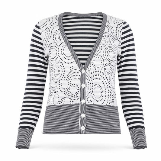 Linea Women’s Black White Striped V-Neck Button Cardigan M Cotton