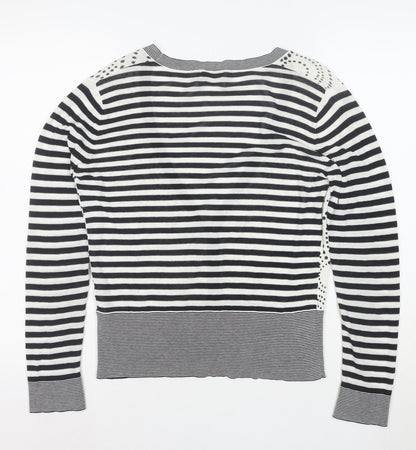 Linea Women’s Black White Striped V-Neck Button Cardigan M Cotton