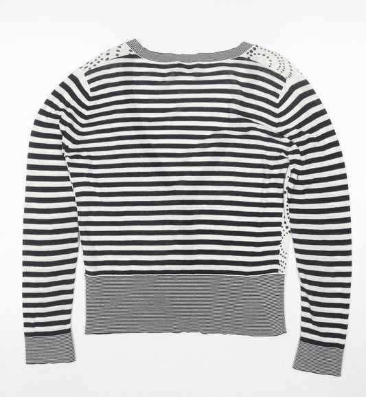 Linea Women’s Black White Striped V-Neck Button Cardigan M Cotton