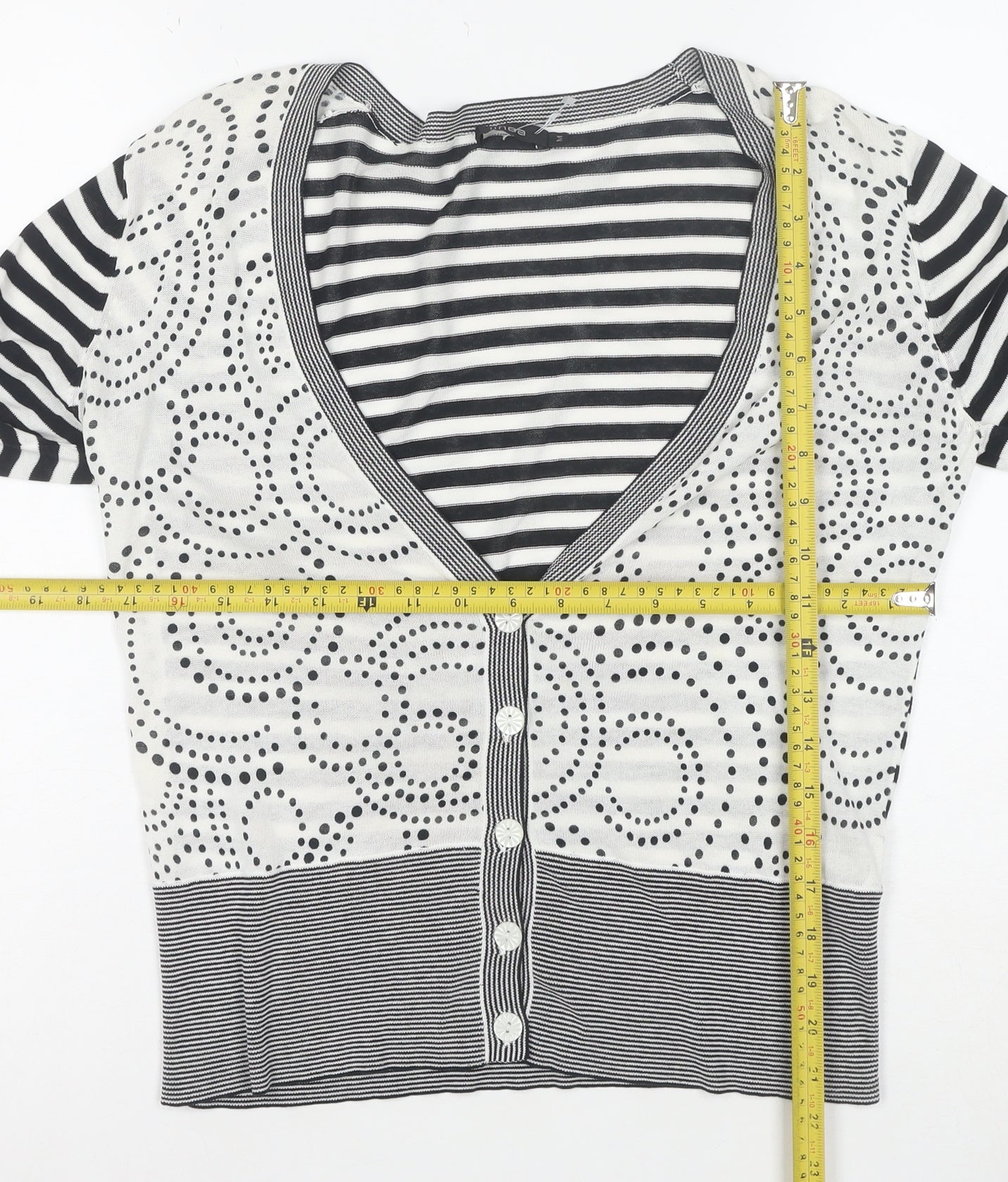 Linea Women’s Black White Striped V-Neck Button Cardigan M Cotton
