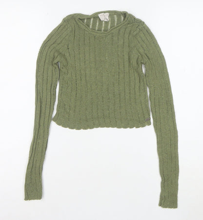 Pull&Bear Teens Green Cropped Knit Long Sleeve T-Shirt XS