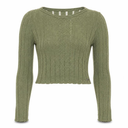 Front view of Pull&Bear Teens Green Cropped Knit Long Sleeve T-Shirt XS