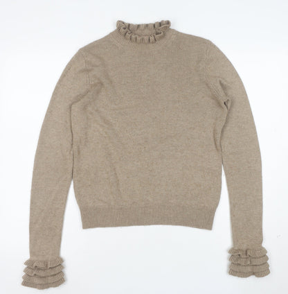 Boden Women’s Beige High Neck Ruffle Wool Blend Jumper XS