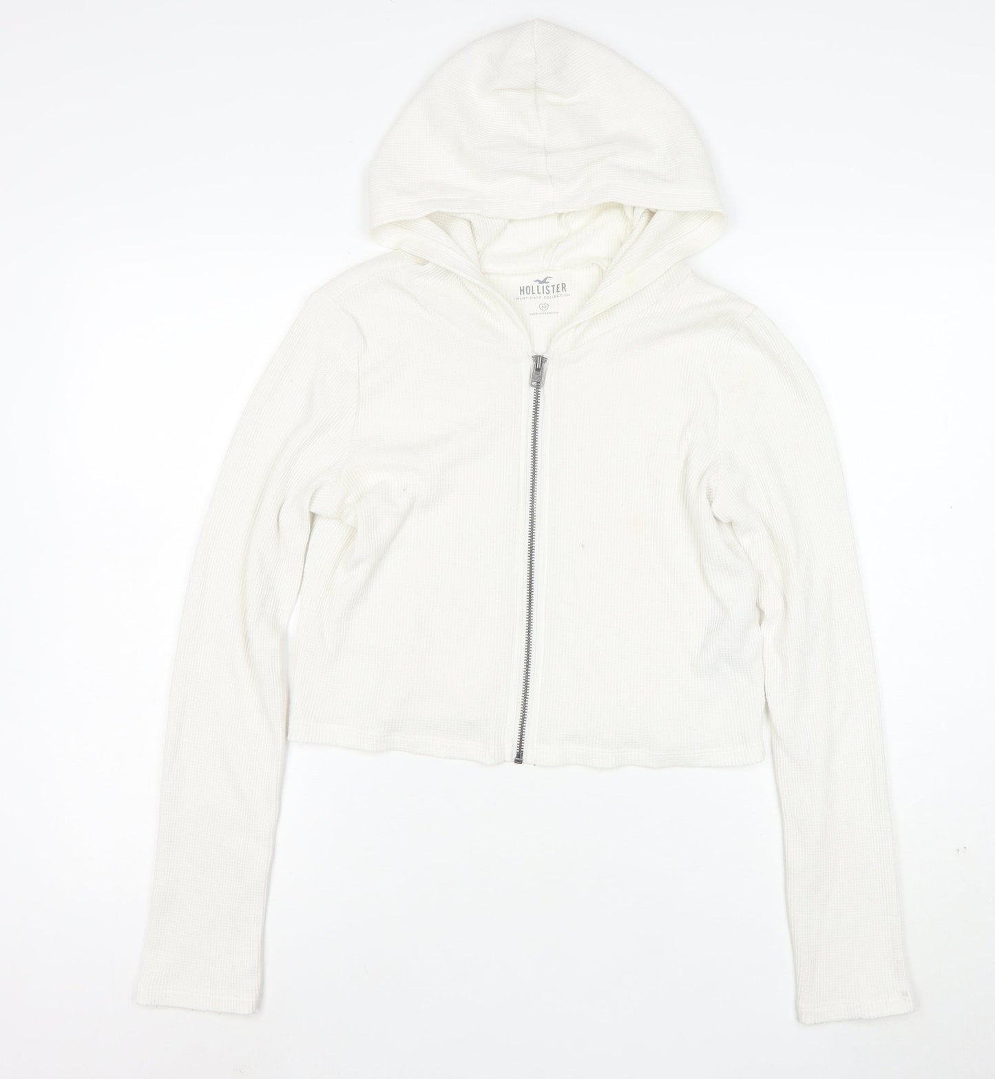 Hollister Women's White Full Zip Hoodie Medium Waffle Knit Cotton Blend