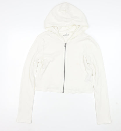 Hollister Women's White Full Zip Hoodie Medium Waffle Knit Cotton Blend